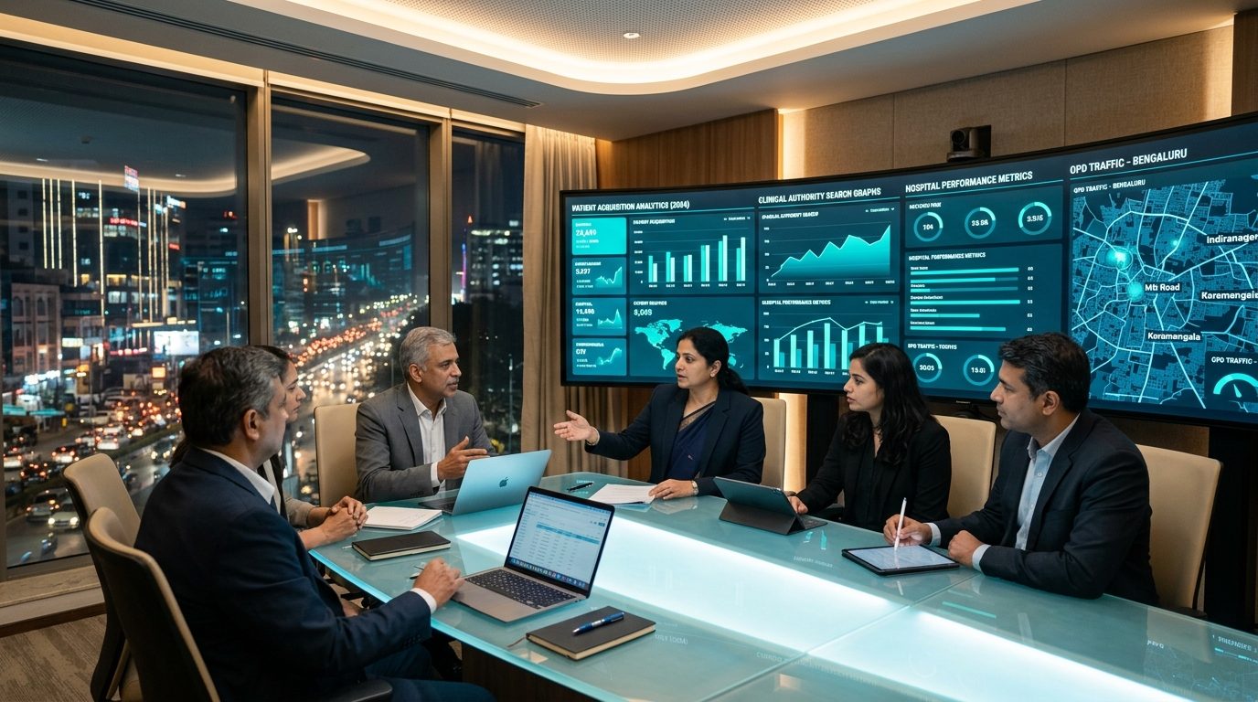 DigiPrimeTech executive healthcare digital growth command centre in Bengaluru illustrating business understanding and patient acquisition telemetry