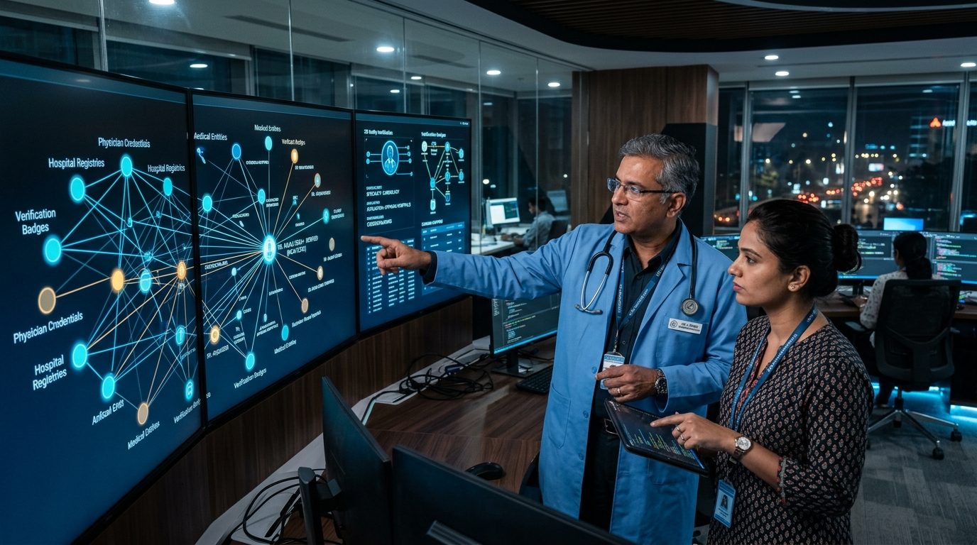Healthcare data engineers reviewing multi-type Schema.org medical knowledge graph and physician credential authority architecture
