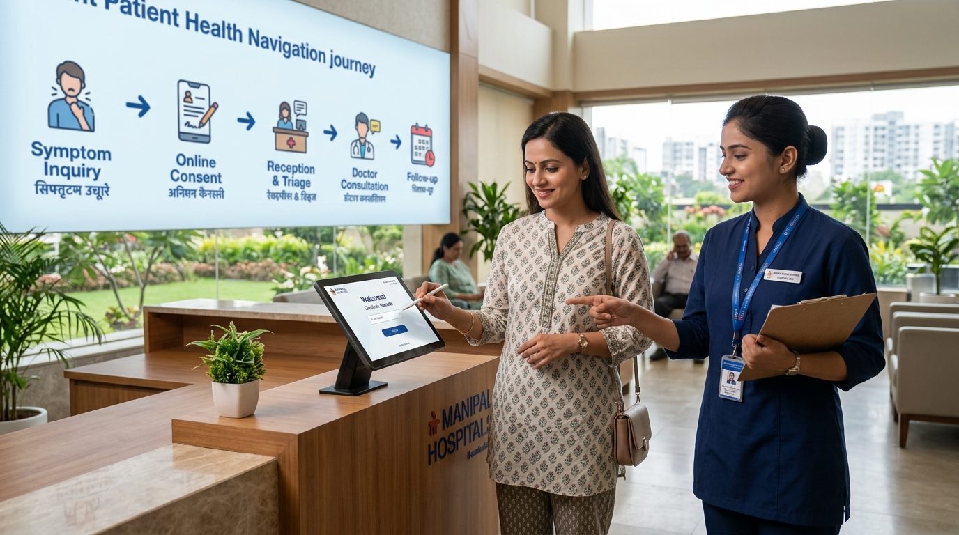 Patient decision navigation journey illustrating clinical triage, appointment scheduling, and patient trust touchpoints