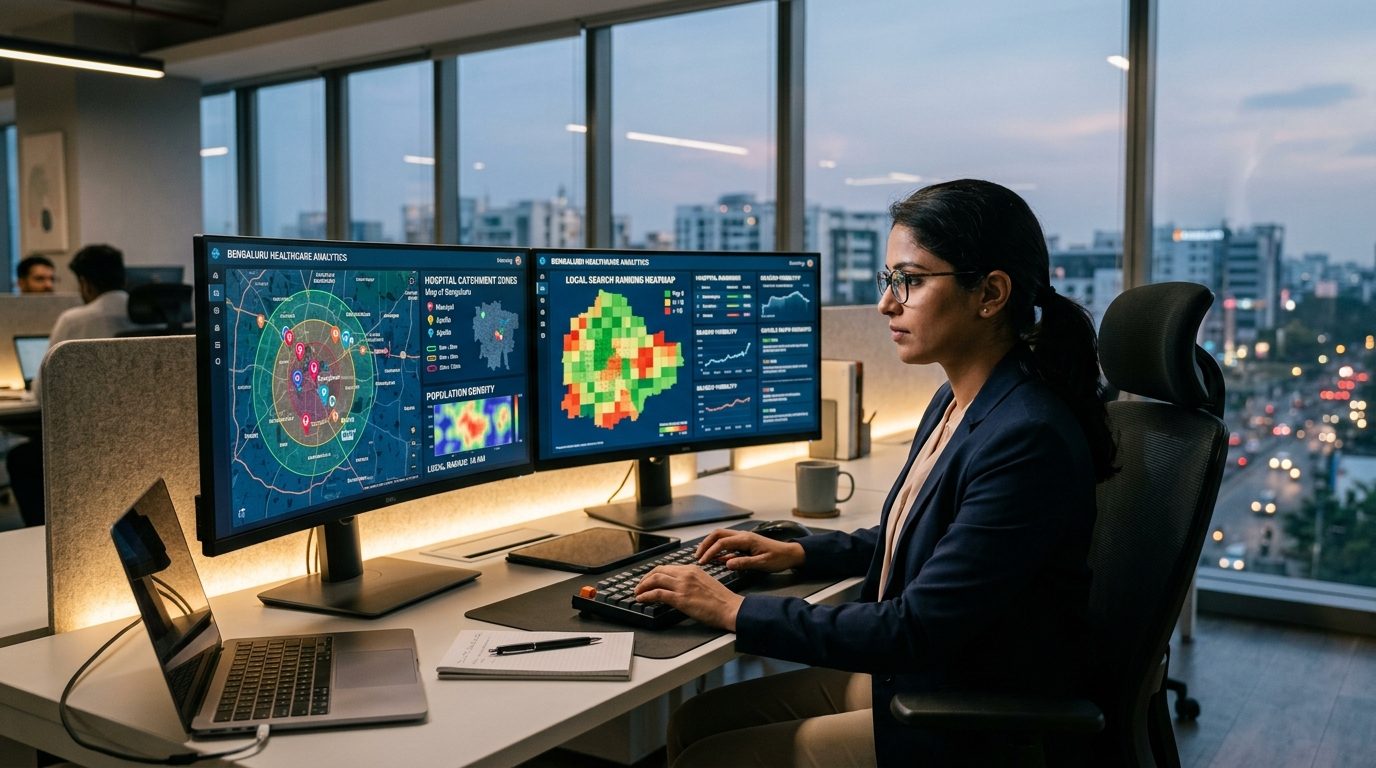 Bengaluru healthcare catchment map analytics and Google Maps 3-Pack prominence for Koramangala and metro healthcare districts
