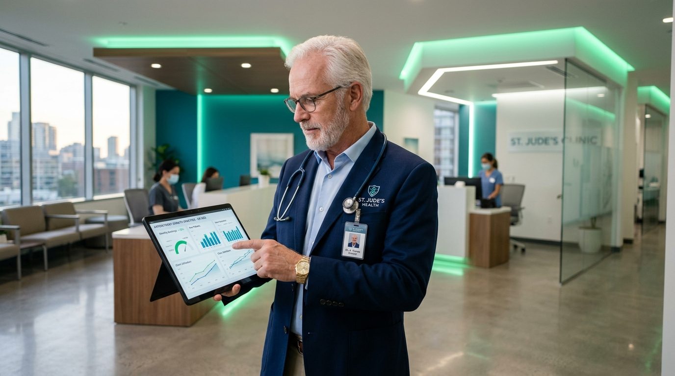Senior Medical Director reviewing clinical digital authority metrics on tablet