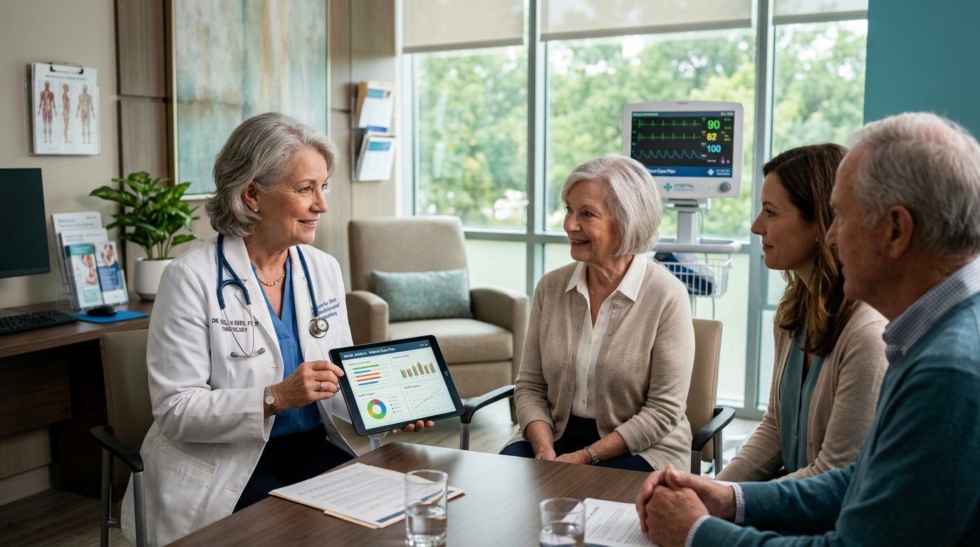 Senior medical specialist doctor consulting with patient and family in modern hospital clinic