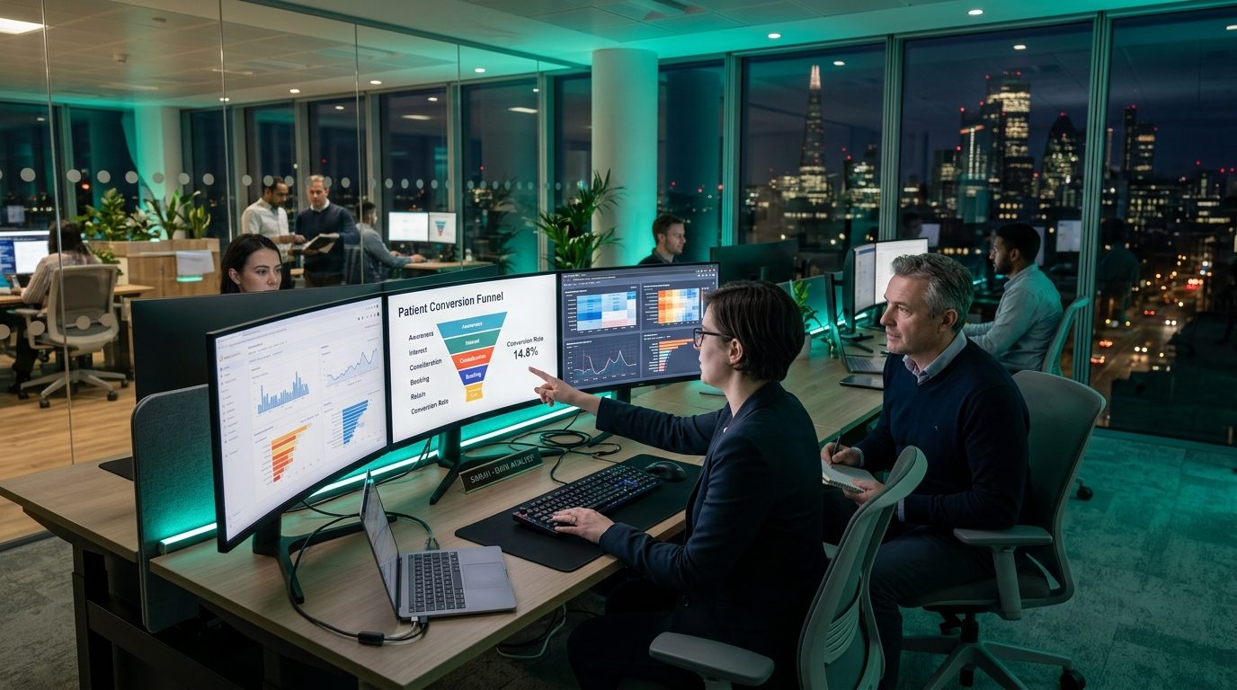 Multidisciplinary healthcare digital growth engineering team collaborating at workstations