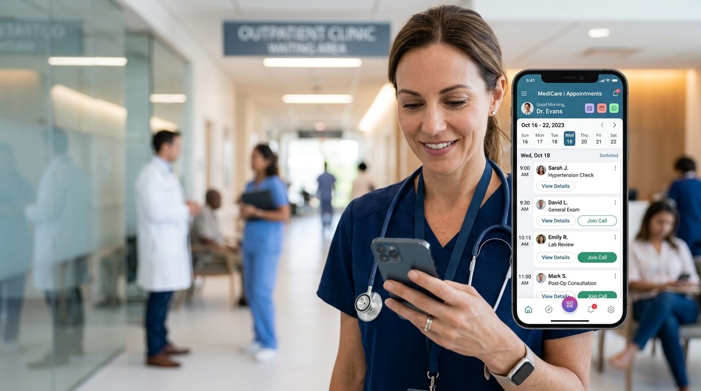 Healthcare mobile app and appointment booking technology on smartphone