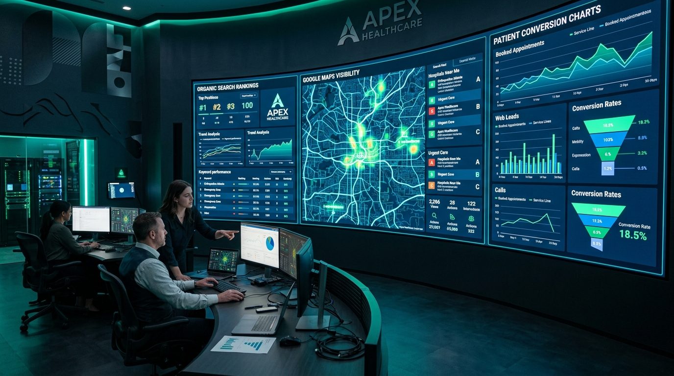 Hospital SEO Operations Command Center displaying organic search rankings and Google Maps local pack visibility