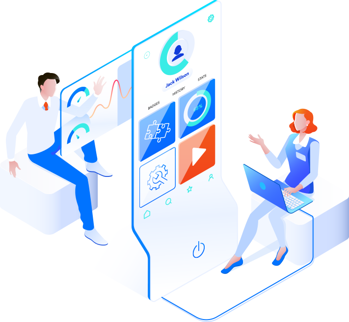 Illustration of people working with a digital customer dashboard
